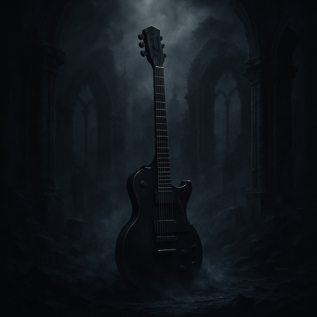 Symbolbild zum Musikstil von Ascheglanz – schwarze E-Gitarre in gotischen Ruinen, mystisch beleuchtet
